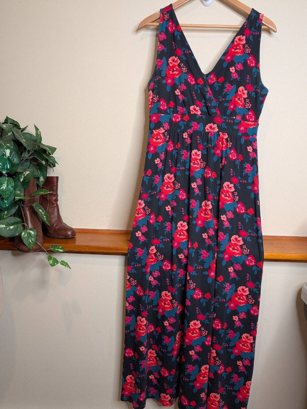 Garnet Hill Black Floral Surplice V-Neck Maxi Dress Sleeveless Cotton 10